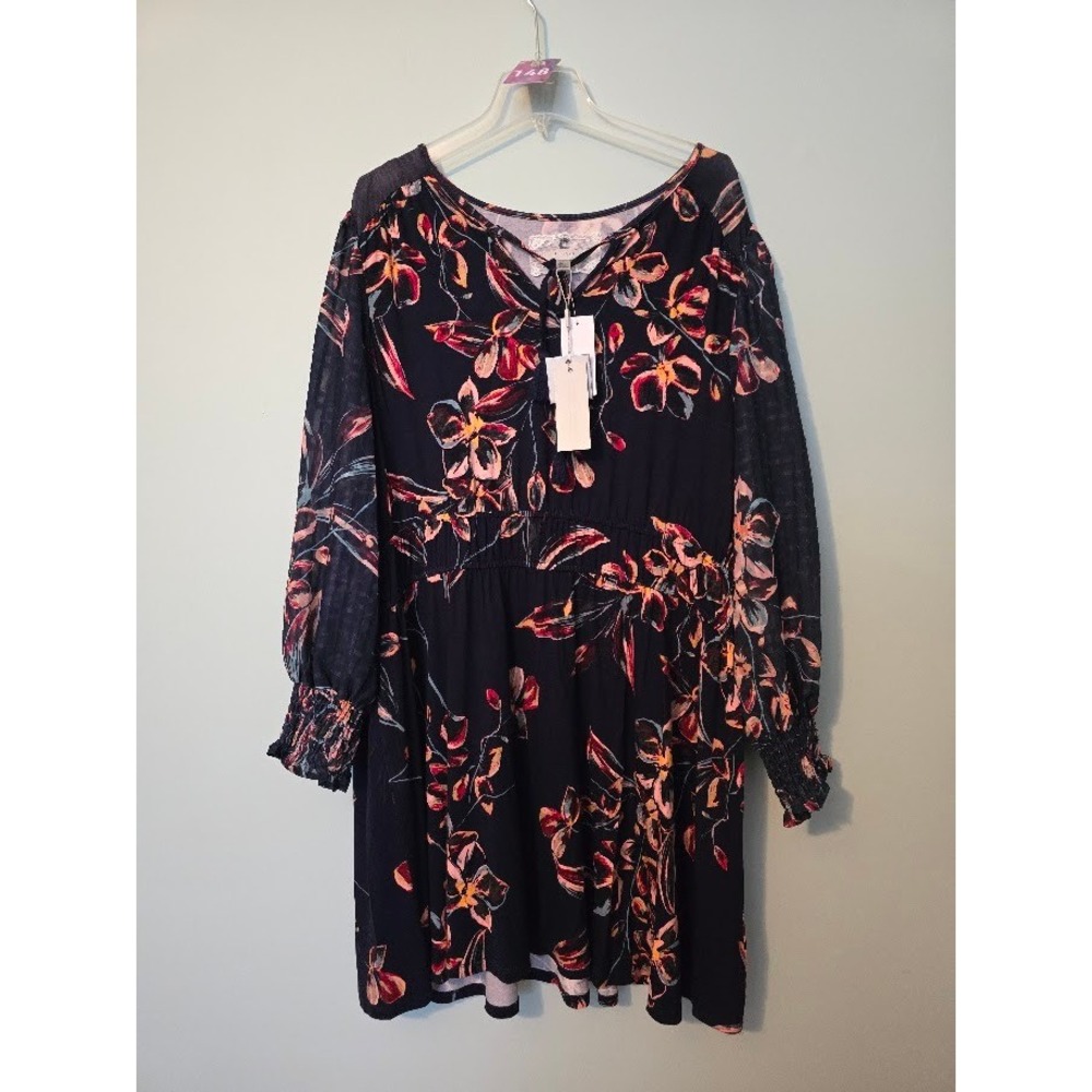 Cupio Womens Dress Floral Sheer Long Sleeve Boho V-Neck Black Plus Size 2X NEW